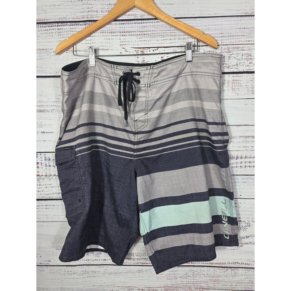 O'Neill Men's Board Shorts Striped Gray Black Blue Drawstring Surf Swim Trunks